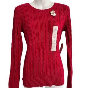 St. John's Bay Crew Neck Cable Knit Cotton Sweater Red Long Sleeve NEW Small